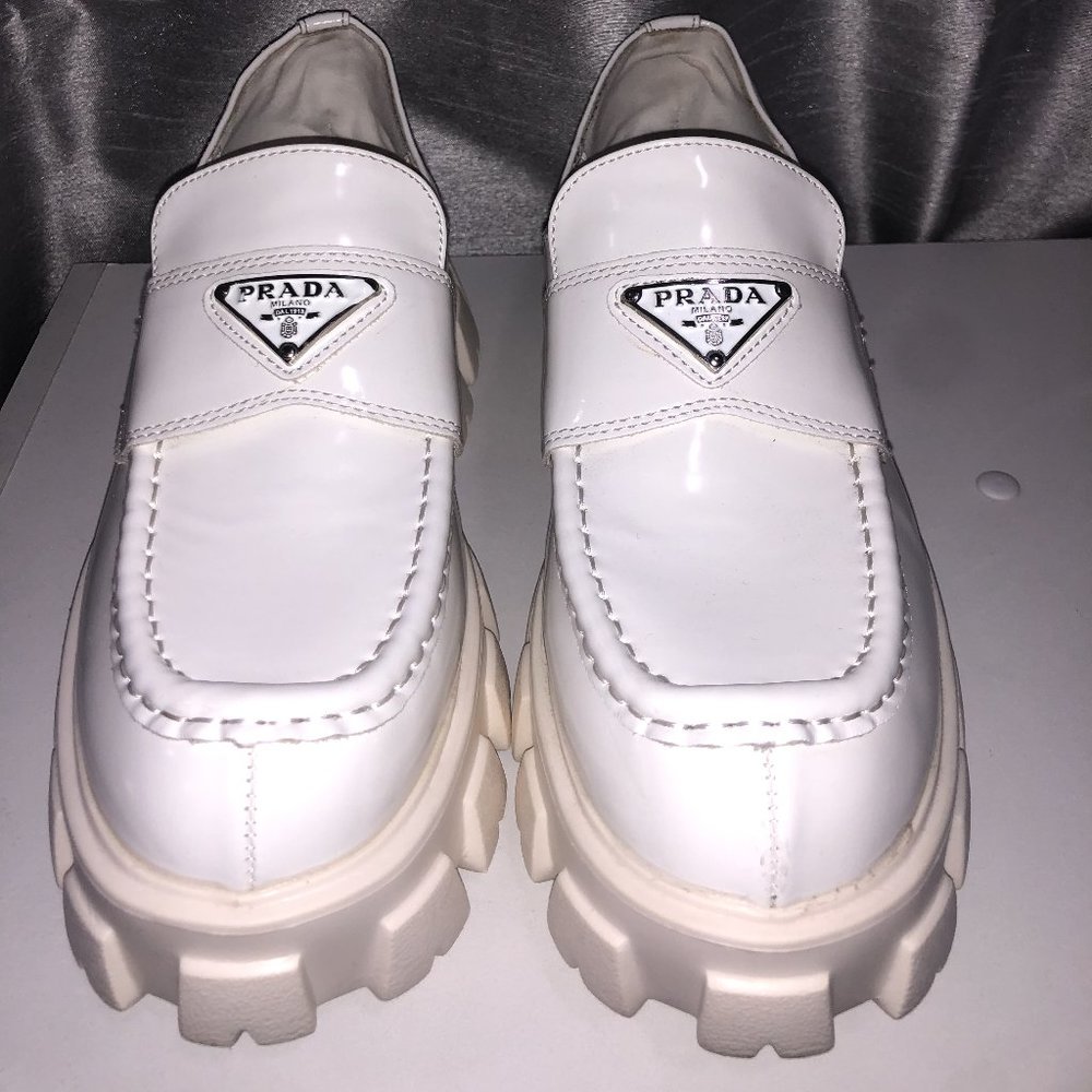 [Original] PRADA White Monolith Brushed Leather Loafers